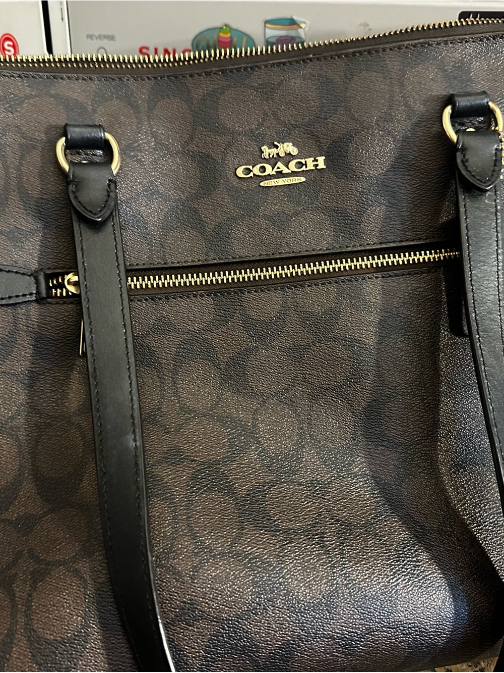 COACH Brown Signature Canvas Shoulder Bag with Black Leather Trim